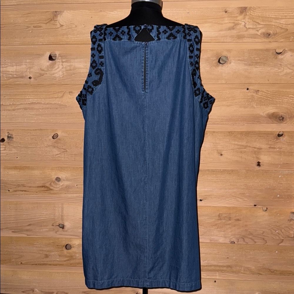 Blue Chambray sleeveless shift dress Black embroidery XXL festival summer - Picture 4 of 10